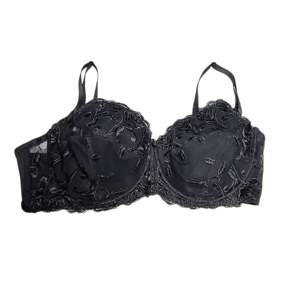 Body Form Elegant Black Lace Floral Embroidered Lightly Lined Underwire Bra 48DD
